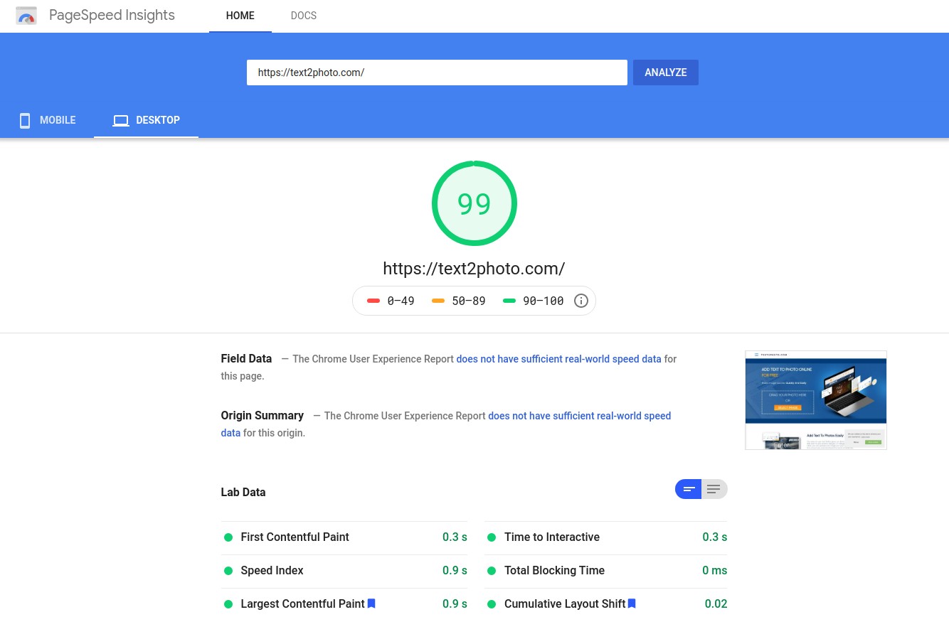 Front page desktop pagespeed score